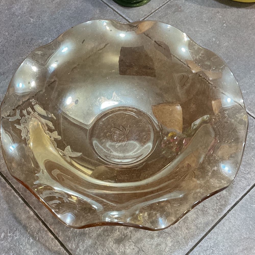 Hand-Blown Amber Glass Decorative Bowl with Floral Etching
